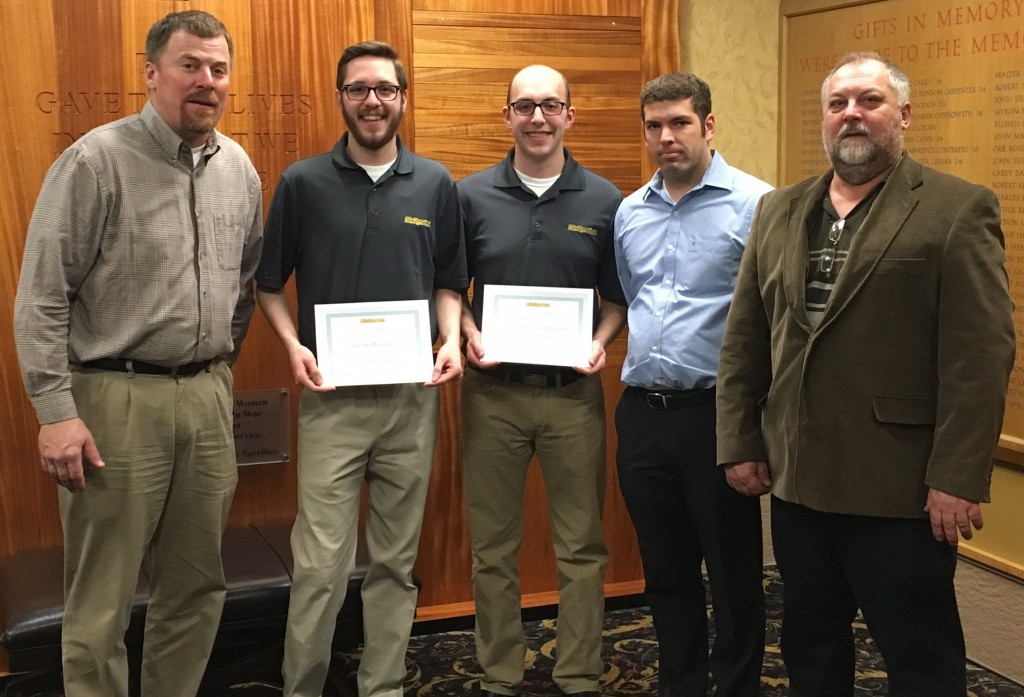 L-R:  ATC's Joe Kysely, SD8 members Jacob Marshall and Kevin Schoenknecht (Troy Johnston not pictured), SD assistant/ECE PhD student Dustin Drumm, and team advisor Prof. John Lukowski  