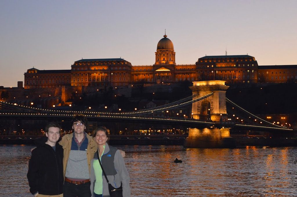 Joshua Turner and two fellow ECEA students at the Chain Bridge and Buda Castle in Budapest, Hungary