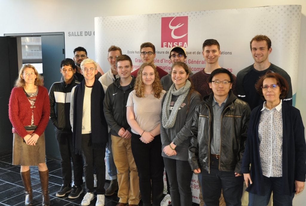 Small group of students and faculty at Spring 2019 Orientation for Study Abroad Students at ENSEA in Cergy, France