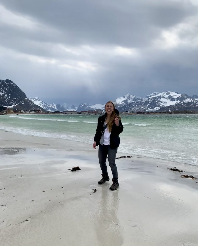 Michigan Tech Environmental Engineering student Amber Kauppila in Vaasa, Finland stands at the shore of Bothnia Bay in Vaasa, Finland