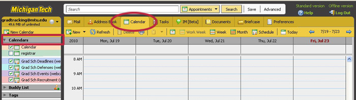 The calendar tab of Huskymail.
