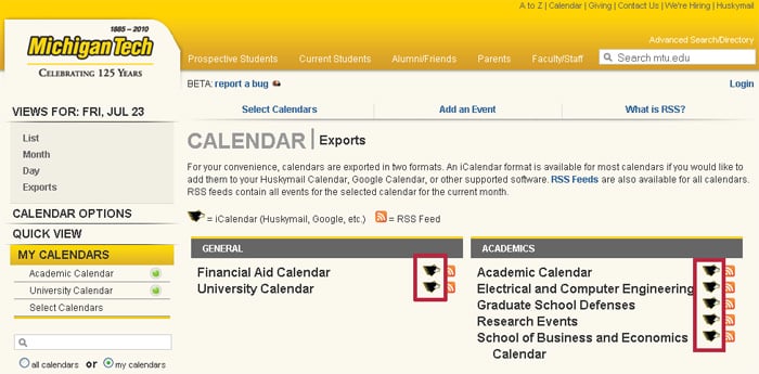 The University's web page listing all available calendars.