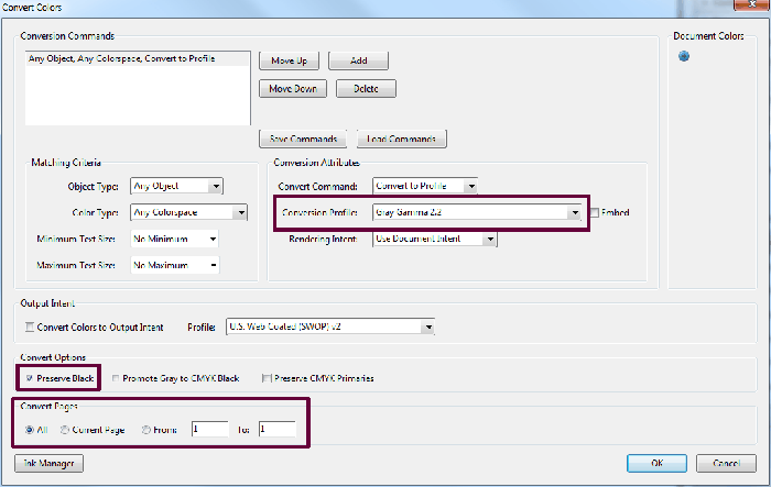 Settings to convert color to black and white.