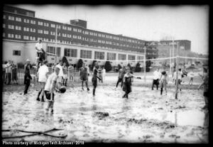 Students playing oozeball in front of Wadsworth Hall in Spring of 2000