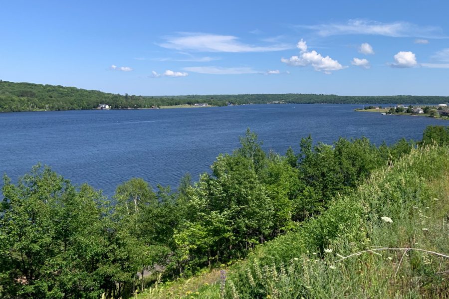 Summer photo of Portage Lake from Michigan Tech campus looking east.