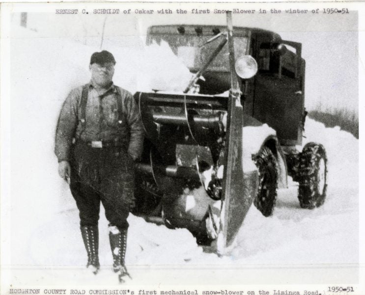 Ernest C. Schmidt of Oskar with the first Snow Blower in the winter of 1950–51.