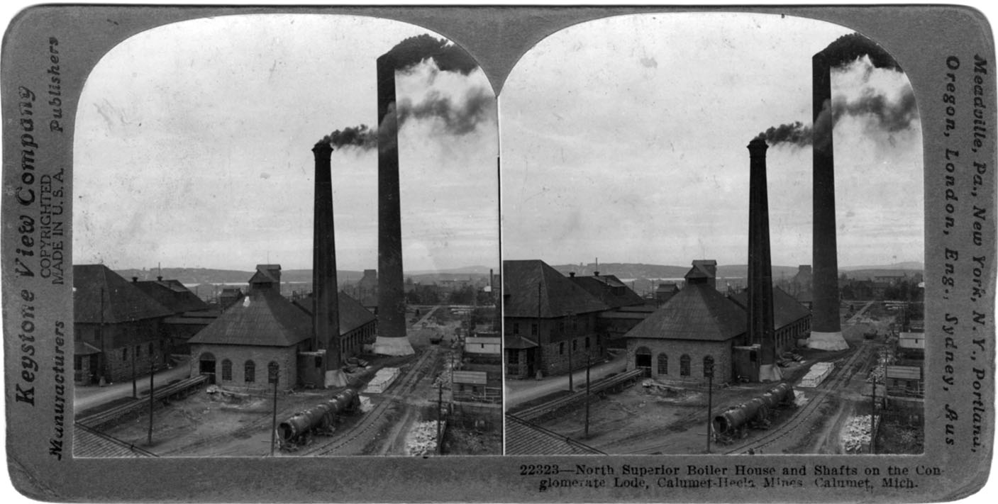 An example of a historic stereoview photograph, depicting the Calumet & Hecla Mining Company.