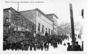 Based in Hancock, the Tyomies Publishing Company rallied strikers and their families during the 1913-14 copper miners’ strike. Author Gary Kaunonen’s new book explores the politics and culture of the working class Finnish immigrants who made a stand against the mining companies. This image from the Keweenaw Digital Archives (#400-12-13-1988-01-08-04) was taken in February 1914 near the end of the Copper Country’s most violent labor strike.