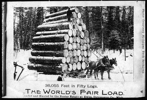 J.W. Nara sold copies of photographs as souvenirs. This image, copied from an unknown published source, shows a load of logs from Ewen which were displayed at the World's Fair.
