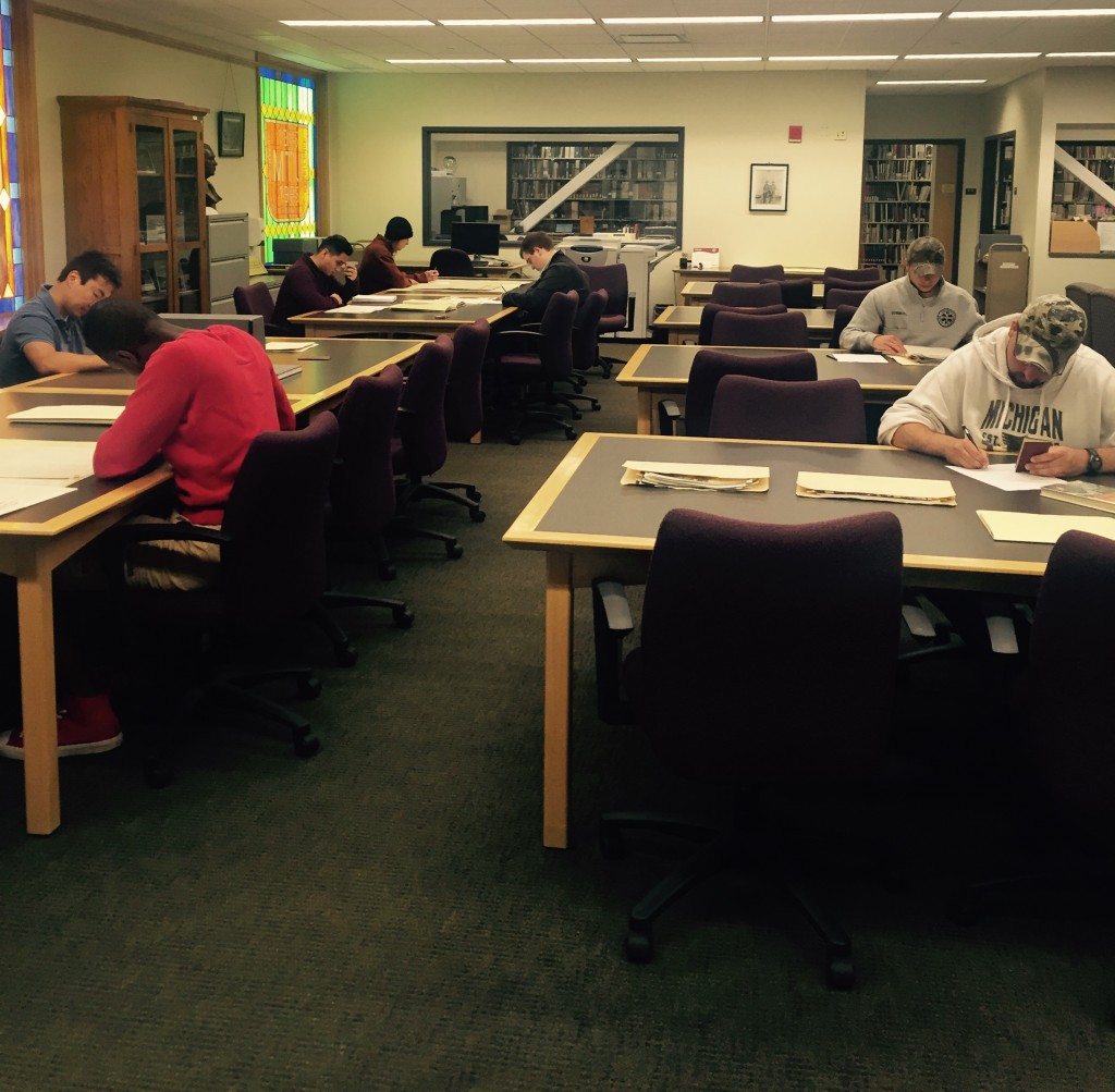 Students from SS 3540, History of Michigan, conducting research during a hands-on research workshop on June 2, 2016.