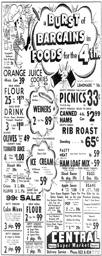A "Burst of Bargains" from Central Super Market of Downtown Houghton. Daily Mining Gazette, June 29, 1961.