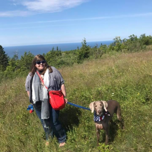 With my Weimaraner, Otto, on top of Brockway Mountain. July 4, 2017.