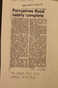 Headline about road construction to Lake of the Clouds. Image from the Roads (Pre-1979) folder, Copper Country Vertical Files, Michigan Technological University and Copper Country Archives.