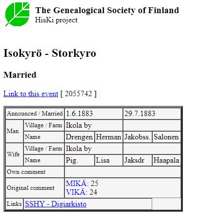 Table showing HisKi marriage record