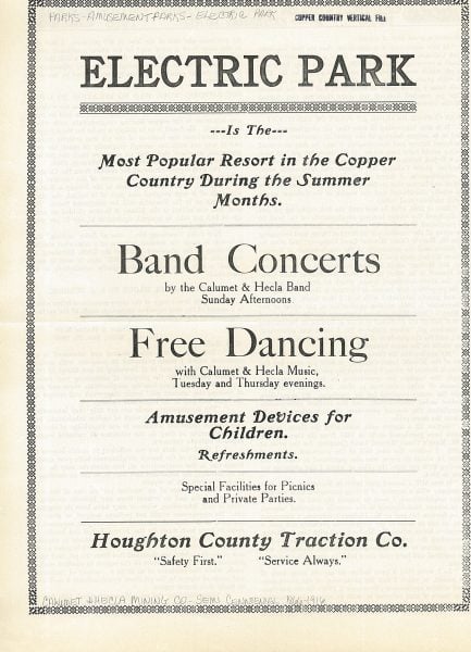 An advertisement for band concerts and free dancing at Electric Park