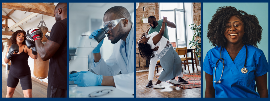 Photos of black professionals from right to left: two boxers, a scientist looks into a microscope, two dancers, and a doctor.