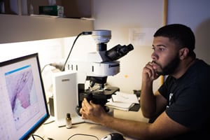 Biomedical Engineering student looking at a computer screen