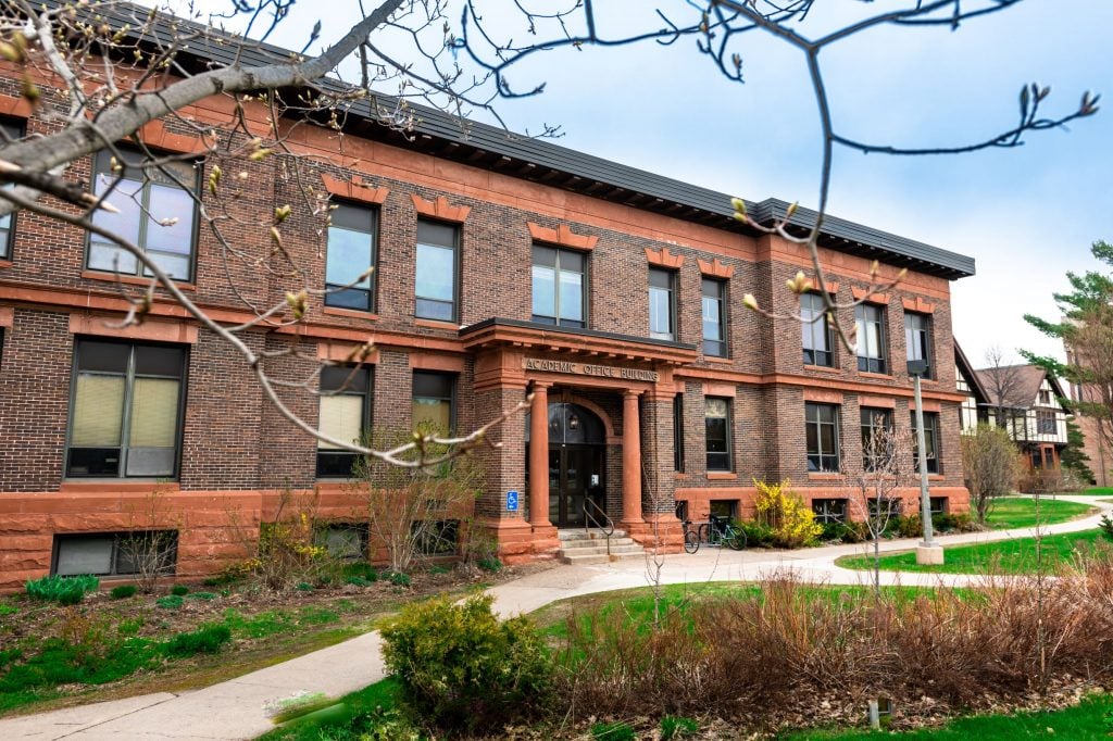 The Academic Office Building on Michigan Tech's campus is featured