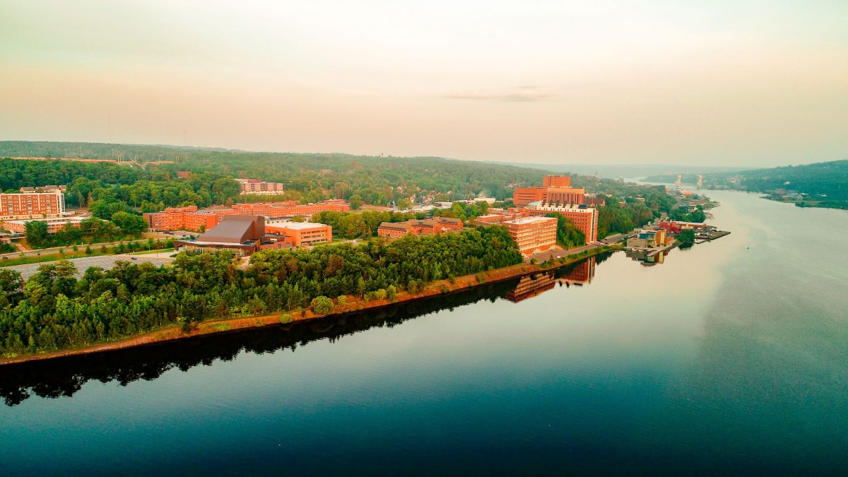 Drone photo of campus and Portage Canal