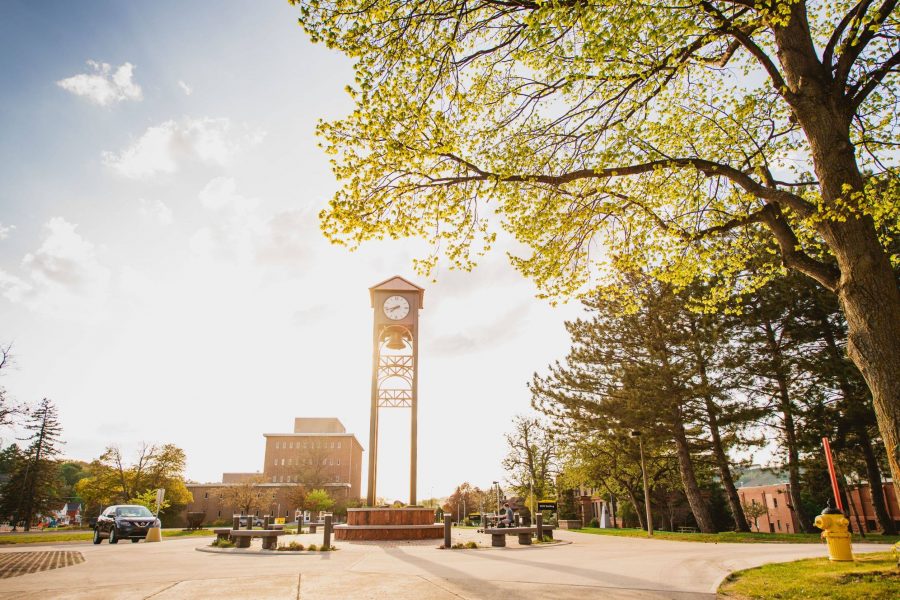 campus clock tower in spring