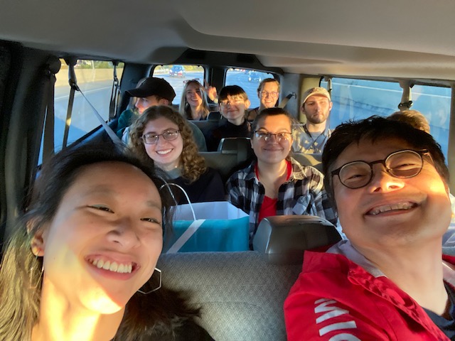 Students pictured in a van