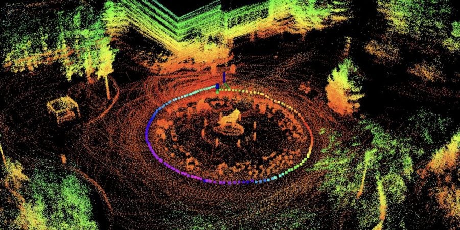 A LiDAR-generated image of Michigan Tech’s Husky statue on campus, created by Associate Professor Jeremy Bos.