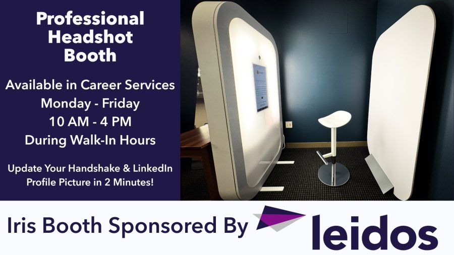 Professional Portrait Booth set up in the Career Services office ready to be used. Available Monday - Friday 10am to 4pm