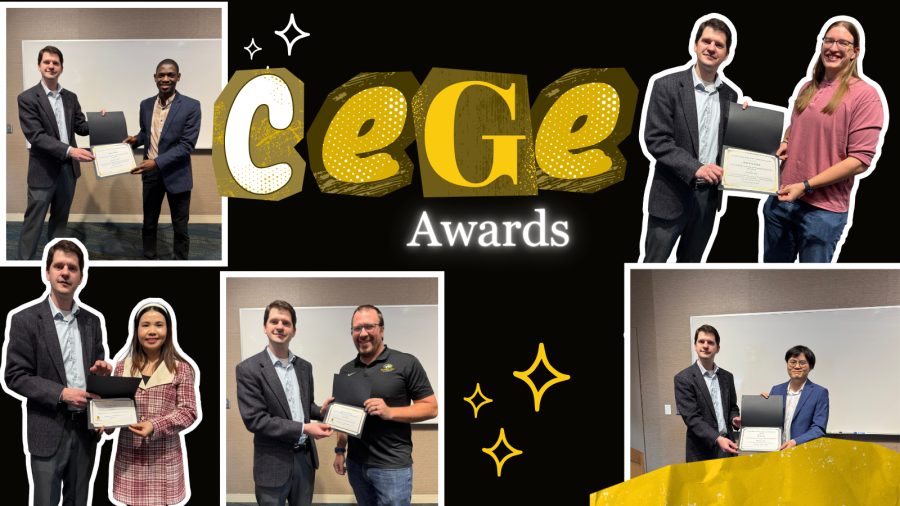 A collage graphic celebrating CEGE award winners features multiple photos of students and faculty receiving certificates. The images show individuals standing indoors, smiling, and holding award certificates while being presented recognition. The background is black with gold accents and decorative sparkles. Large stylized text reads “CEGE Awards” in gold and white lettering. The collage includes several award recipients, including graduate students and faculty, in both classroom and staged photo settings.