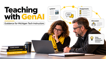 two people looking at a laptop screen with graphical elements above listing assignments, syllabus, discussion and ideas and feedback