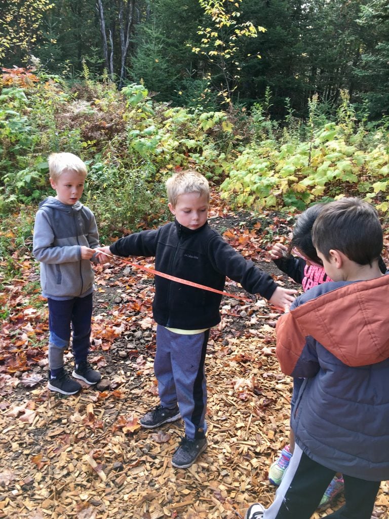 Young kids taking measurements in the woods