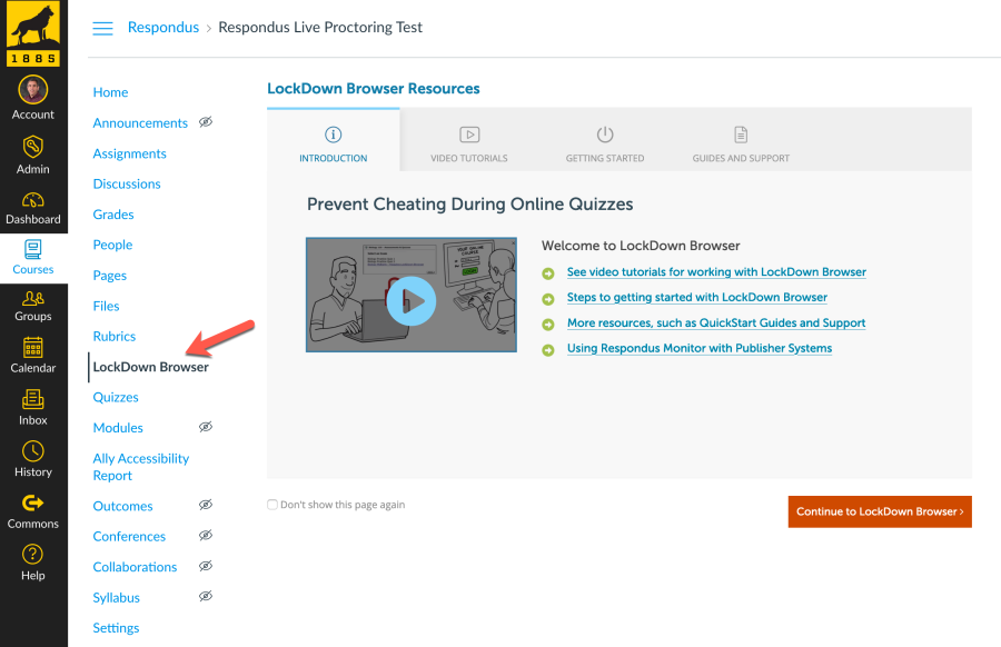 Respondus Lockdown Browser dashboard in Canvas