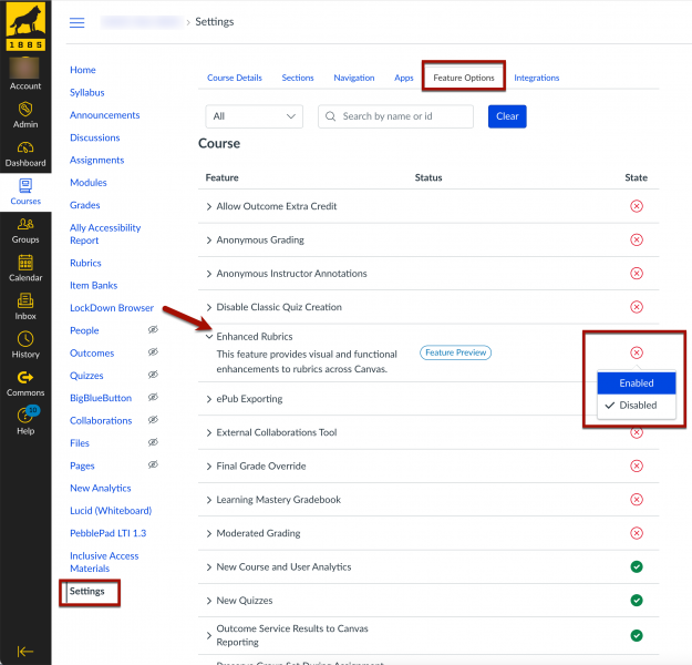 screenshot of the Canvas course settings page which show the feature options tab selected and highlights the enable option for the Canvas enhanced rubrics option.