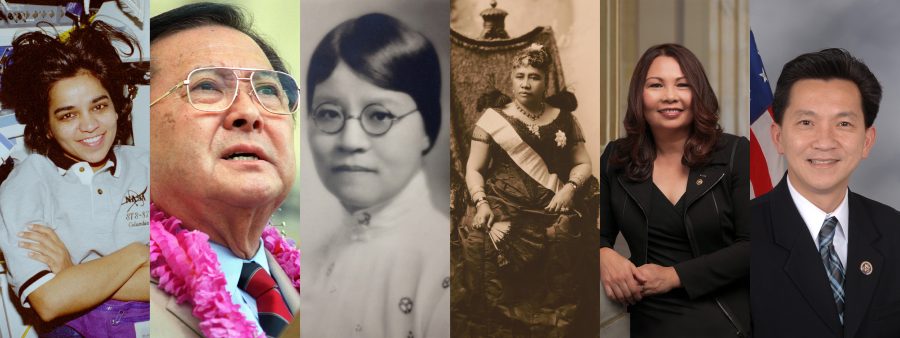Portraits of Kalpana Chawla, Daniel K. Inouye, Yi-fang Wu, Queen Lili‘uokalani, Tammy Duckworth, and Joseph Cao.