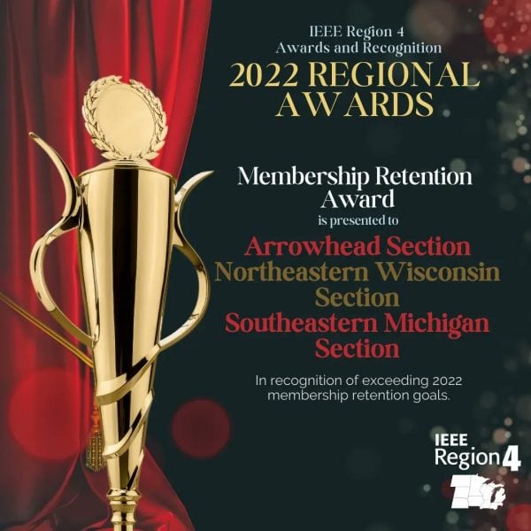 IEEE Region 4 awards ad with statue and section listings.