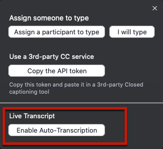 Zoom enable auto-transcription button for the live transcript feature