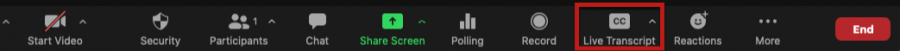 Zoom toolbar with live transcript feature highlighted