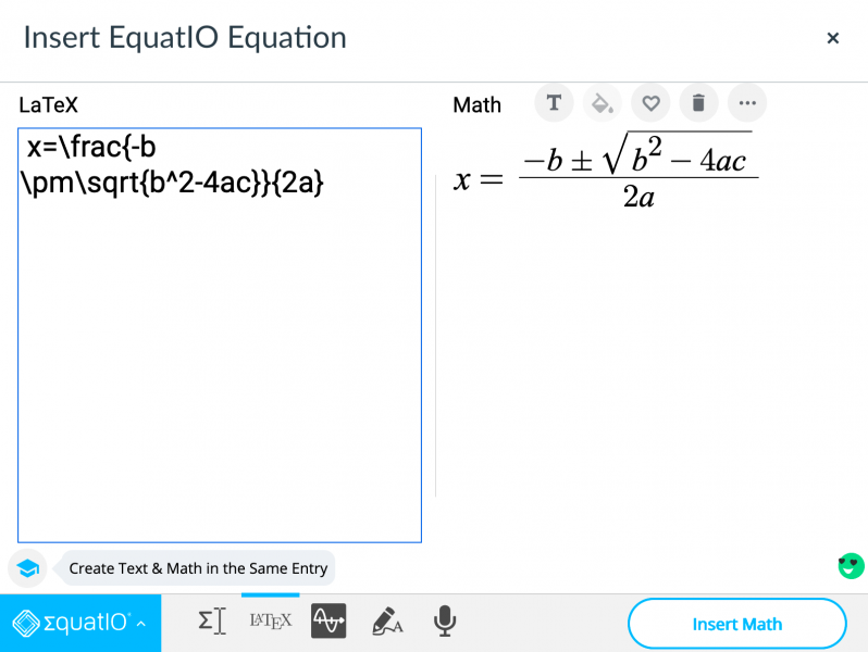 EquatIO insert menu in Canvas