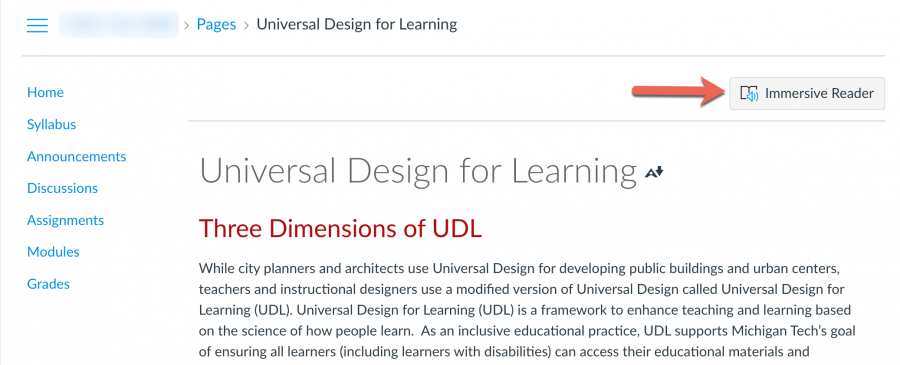 Immersive Reader button in Canvas content page
