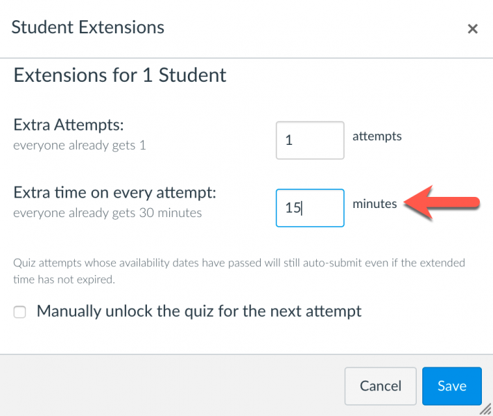 Student extensions window in Canvas quiz moderate feature.