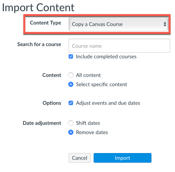 Import Content Options