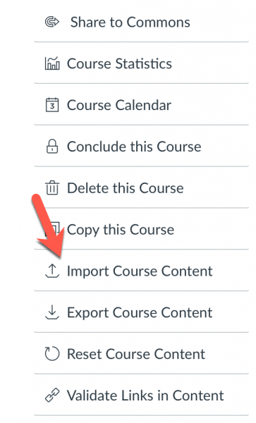 Import Course Content option from course settings sidebar