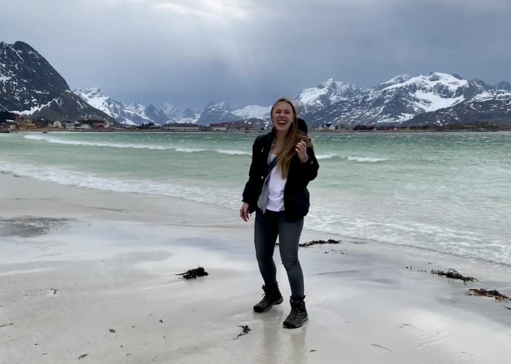 Michigan Tech Environmental Engineering student Amber Kauppila in Vaasa, Finland stands at the shore of Bothnia Bay in Vaasa, Finland