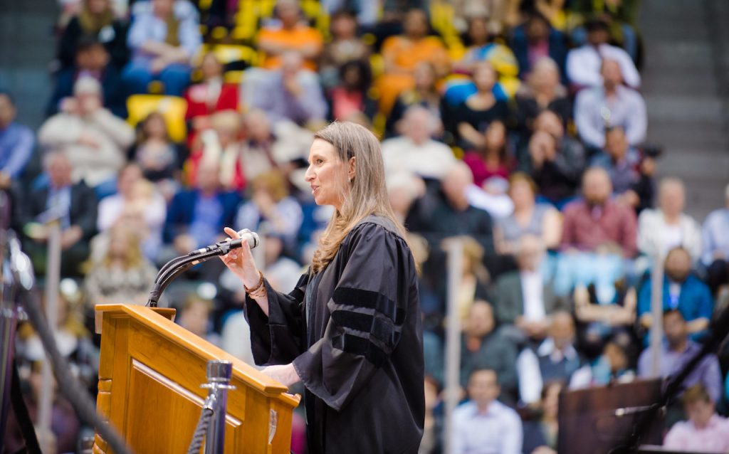 portrait of Paula Wittbrodt at the podium of the spring 2017 Michigan Tech Commencement