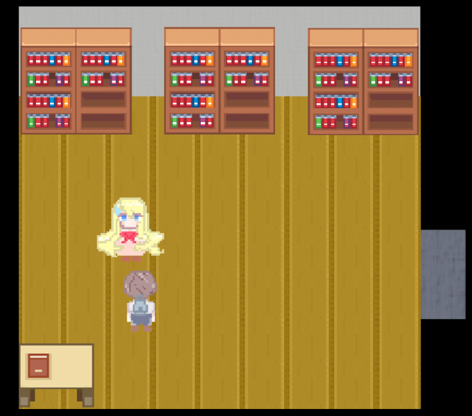 Lost in Mazie Mansion, a game created by HGD shows an illustration of Mazie (small figure with golden hair, standing in what looks like a library, with 3 sets of bookcases behind her.