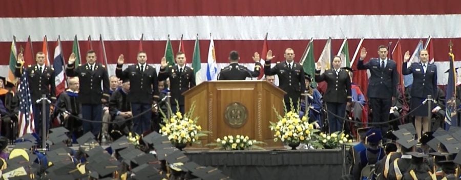 Spring 2019 commencement ceremony with cadets on stage.