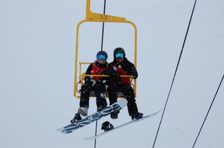 Two people on a chair lift