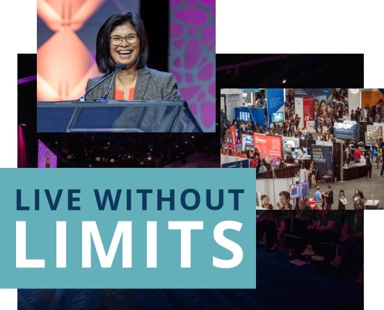 Conference collage of speaker, expo, and background with Live Without Limits.