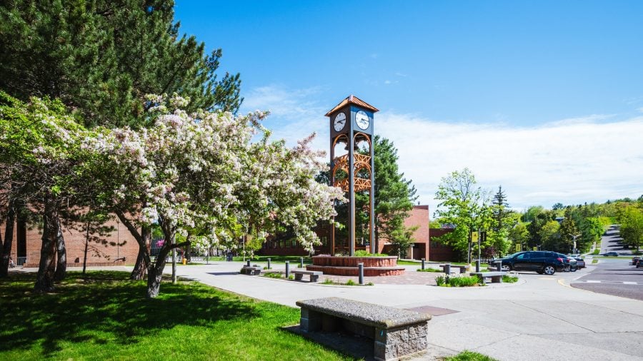 MTU clocktower with green grass and blooming flowers in front on a sunny day.