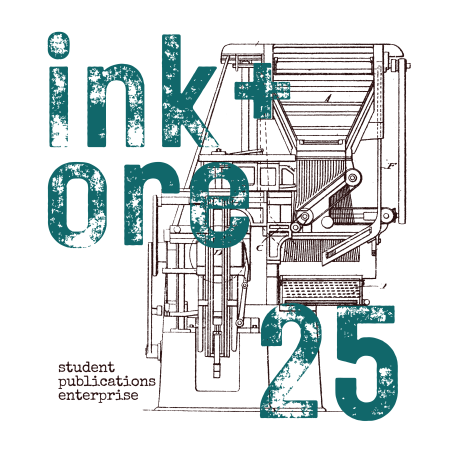 logo featuring the text "ink & Ore" with a drawing of an old fashioned printing press in the background