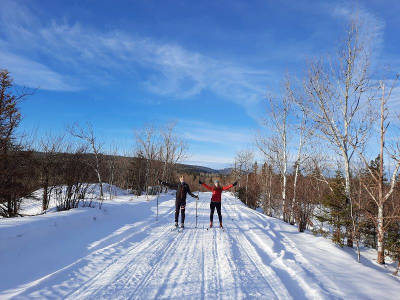 Two people on cross-country skis posing in the middle of a snowy track